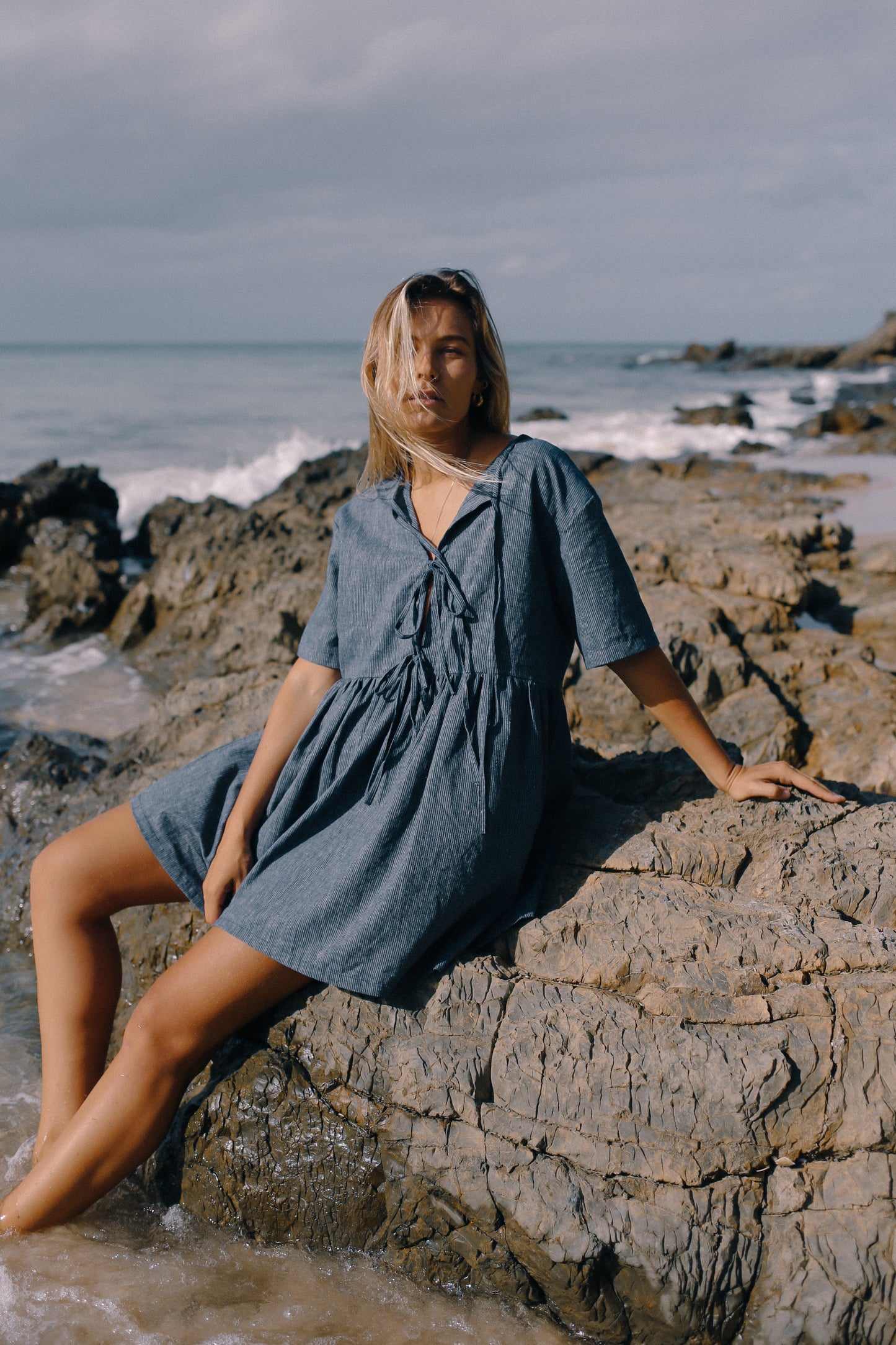 Darcey Tie Dress | Navy Pinstripe