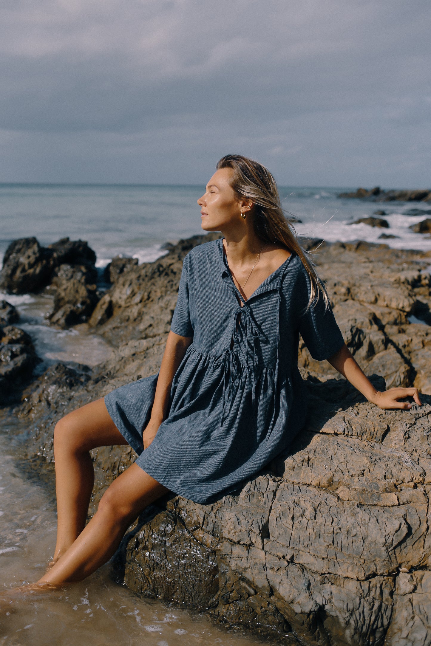 Darcey Tie Dress | Navy Pinstripe
