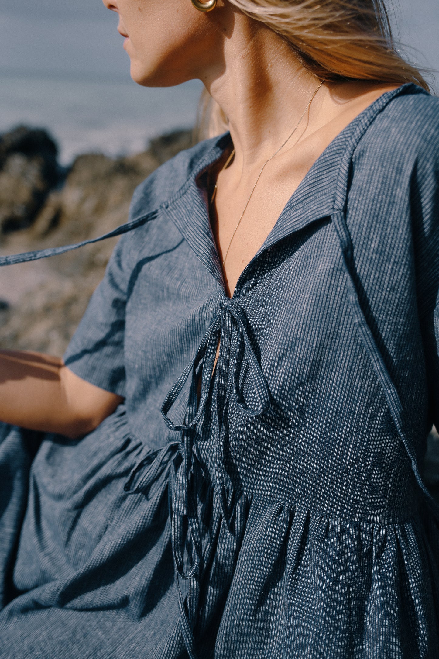 Darcey Tie Dress | Navy Pinstripe