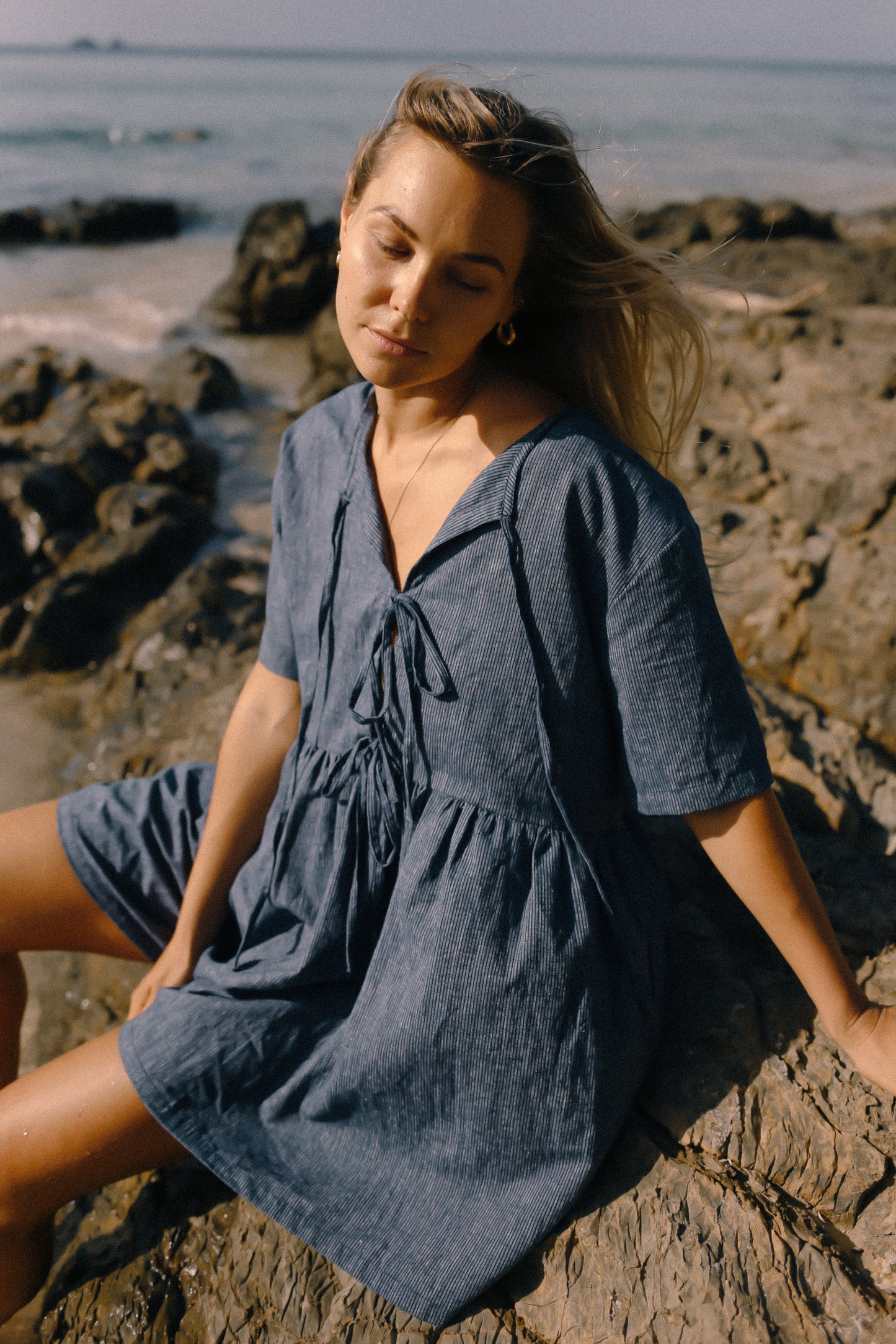 Darcey Tie Dress | Navy Pinstripe