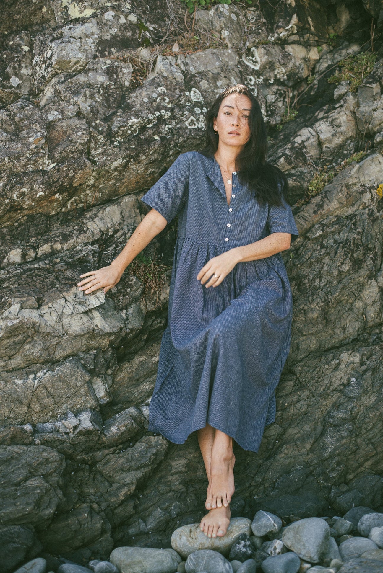 Darcey Midi Dress | Navy Pinstripe