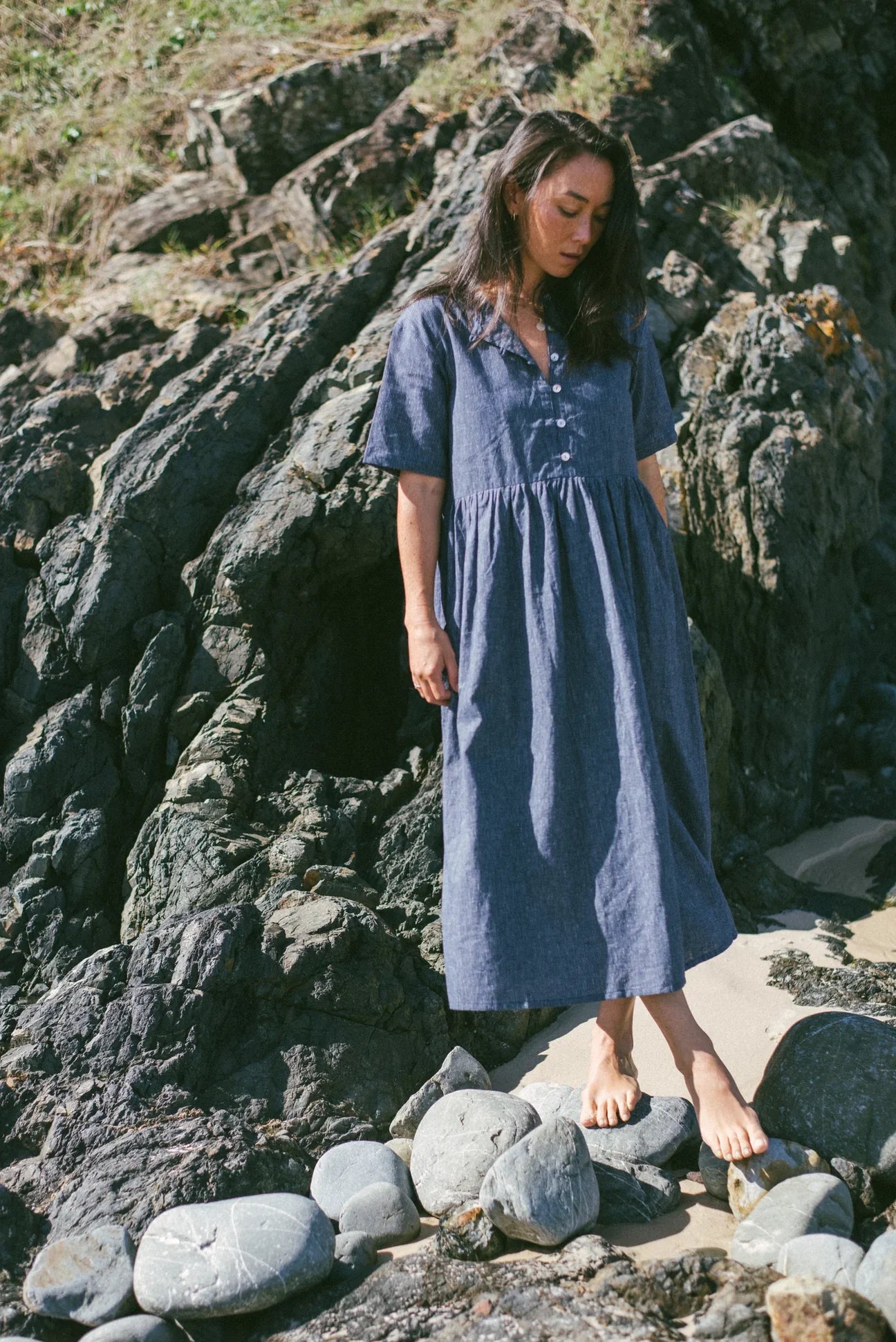 Darcey Midi Dress | Navy Pinstripe
