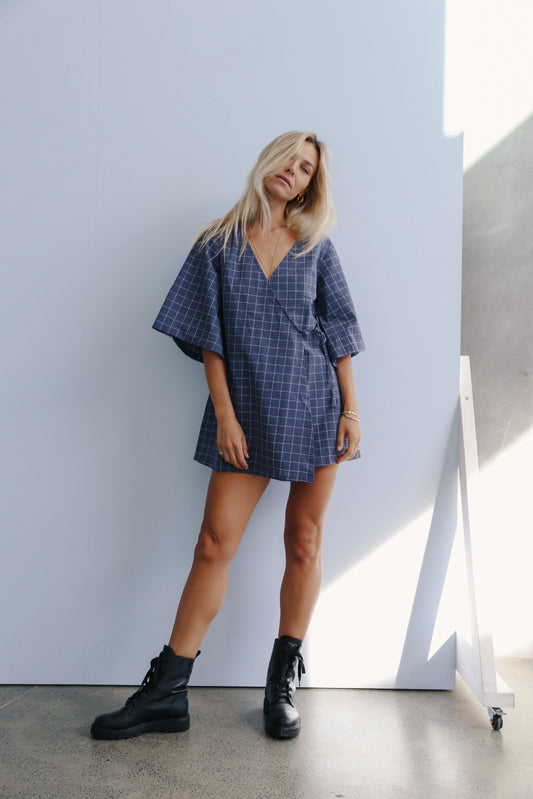 Mia Wrap Mini Dress | Indigo Plaid