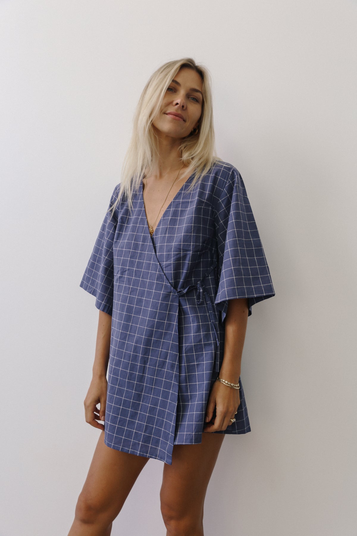 Mia Wrap Mini Dress | Indigo Plaid
