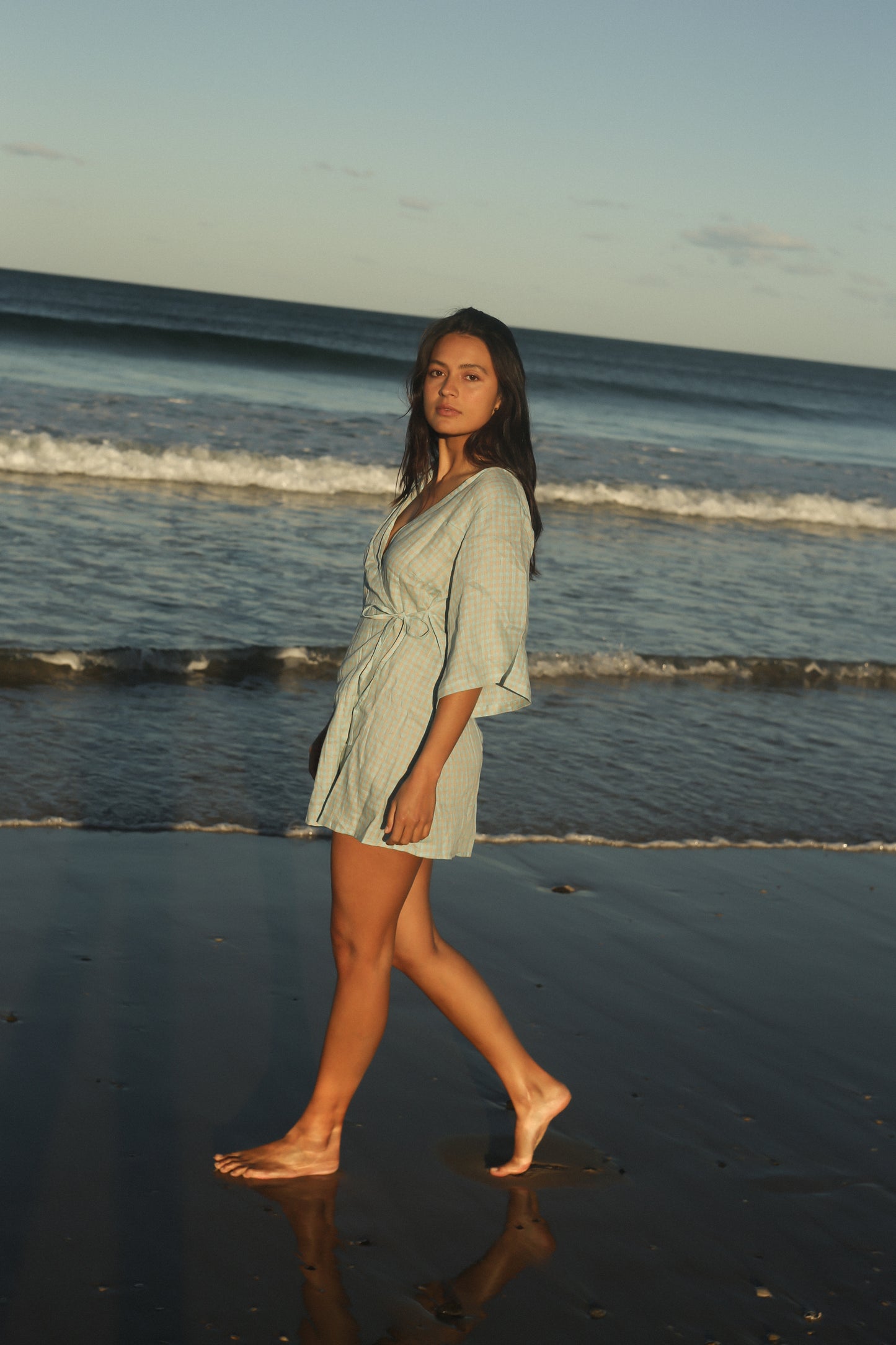 Mia Wrap Mini Dress | Blue Beige Gingham