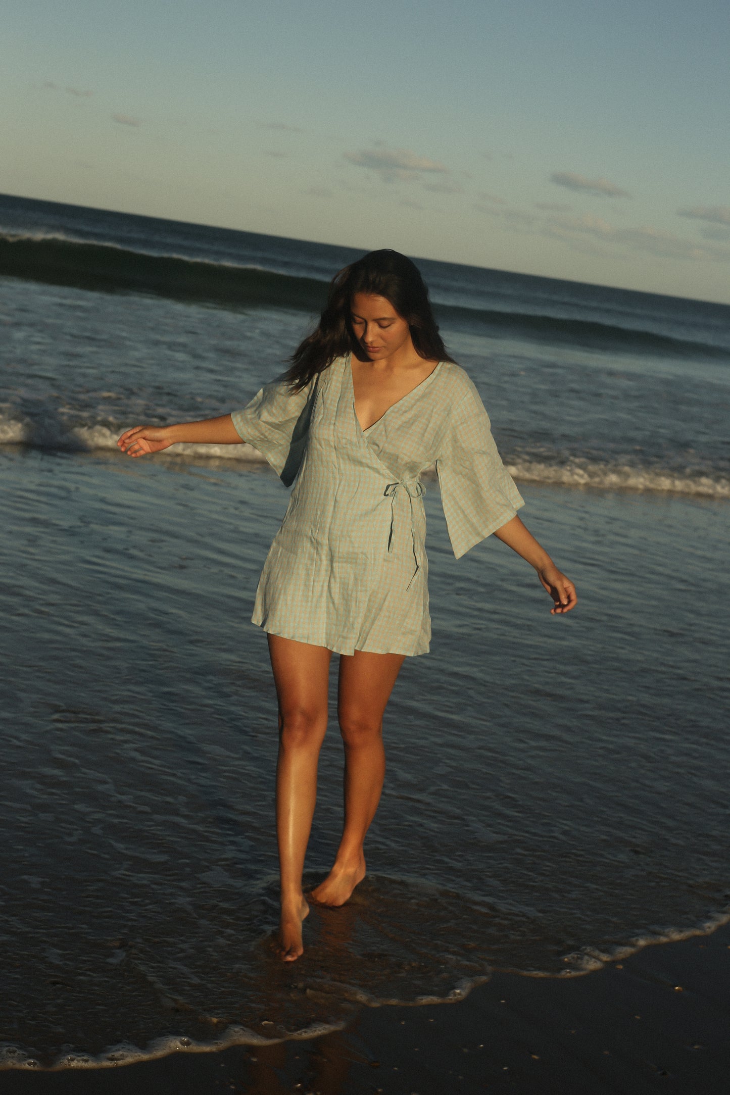 Mia Wrap Mini Dress | Blue Beige Gingham
