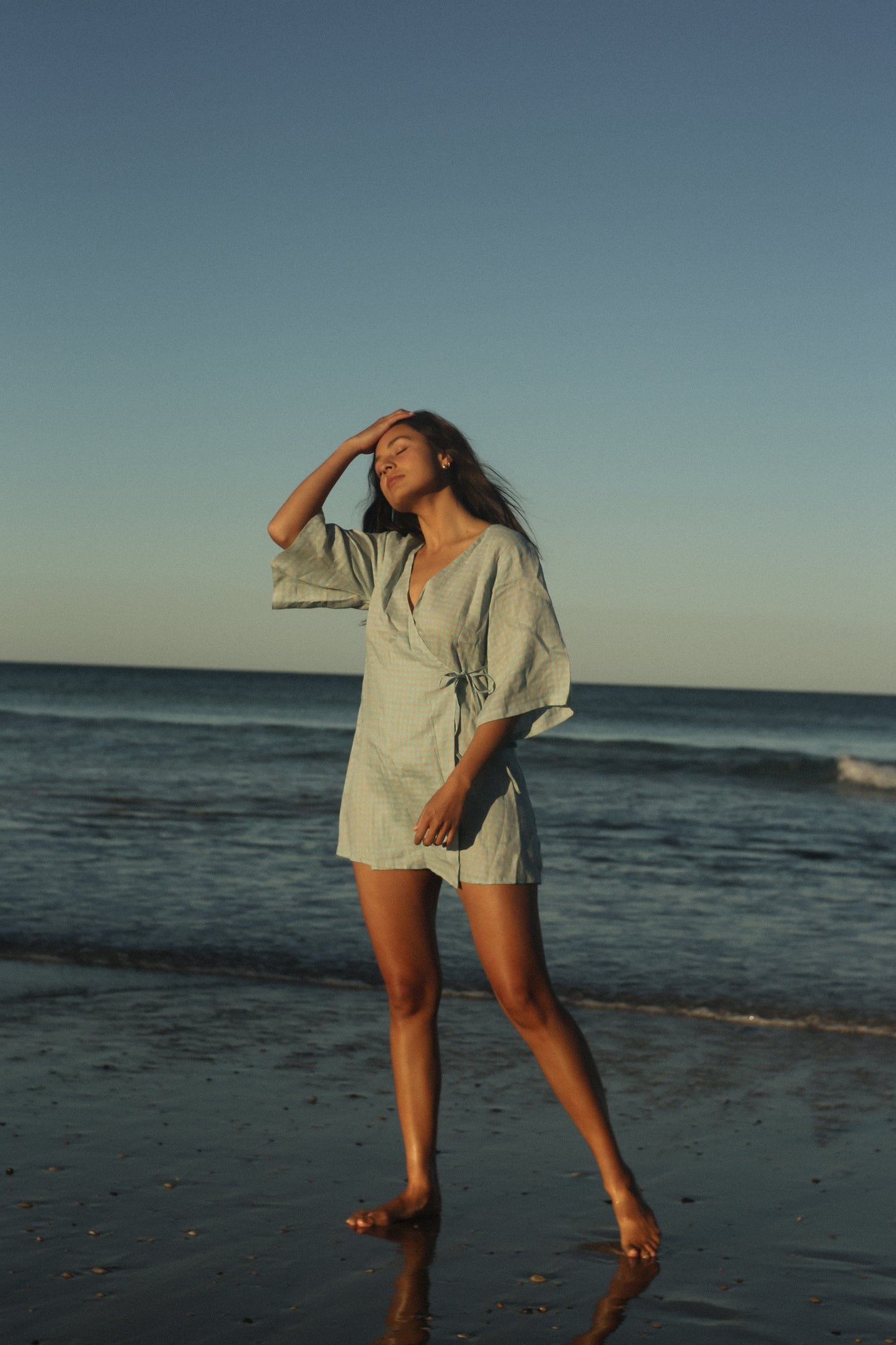 Mia Wrap Mini Dress | Blue Beige Gingham