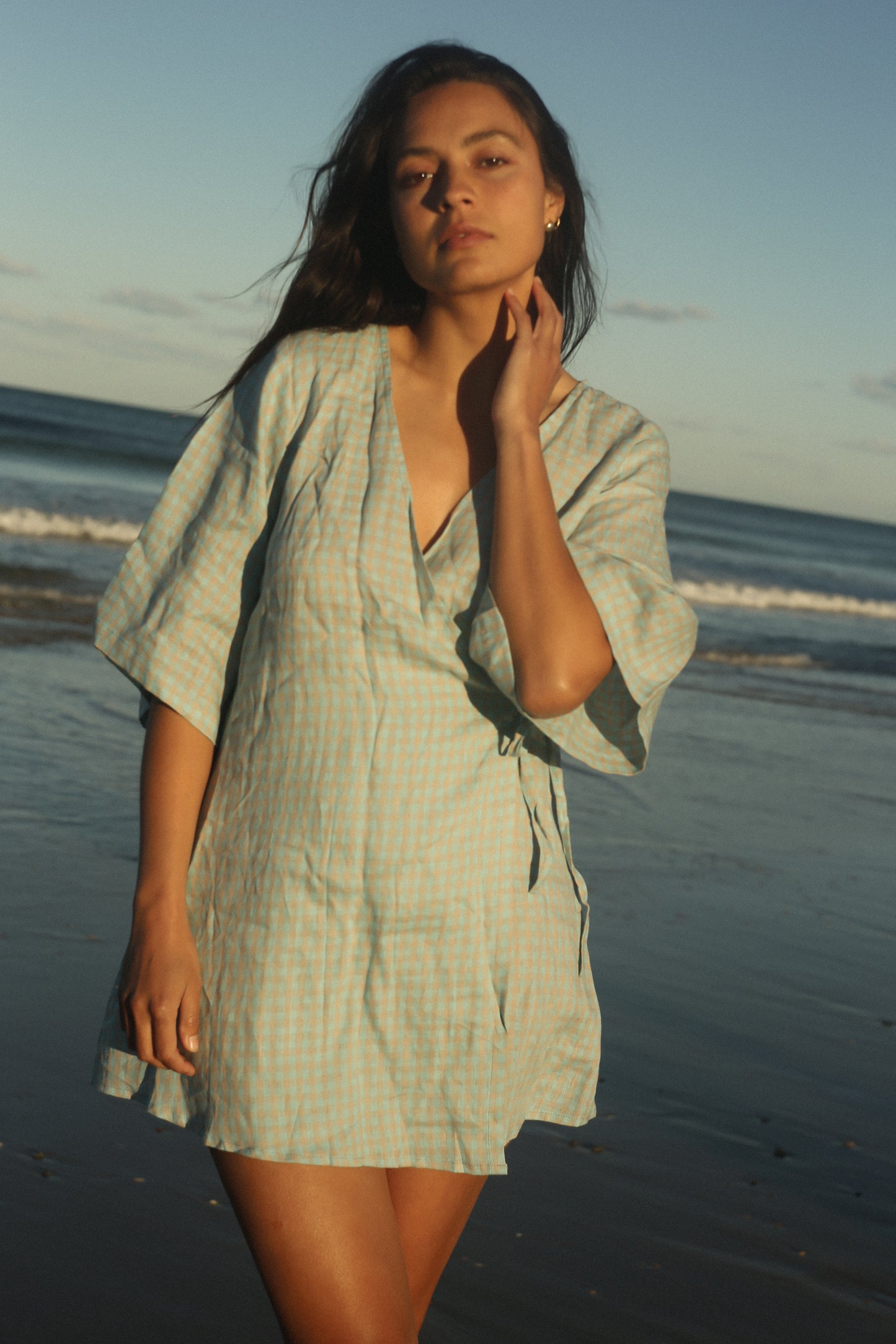 Mia Wrap Mini Dress | Blue Beige Gingham