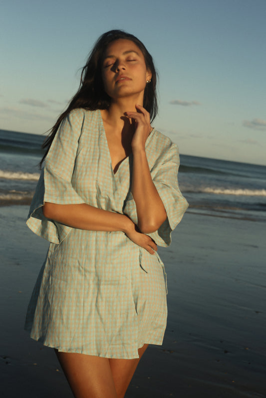 Mia Wrap Mini Dress | Blue Beige Gingham