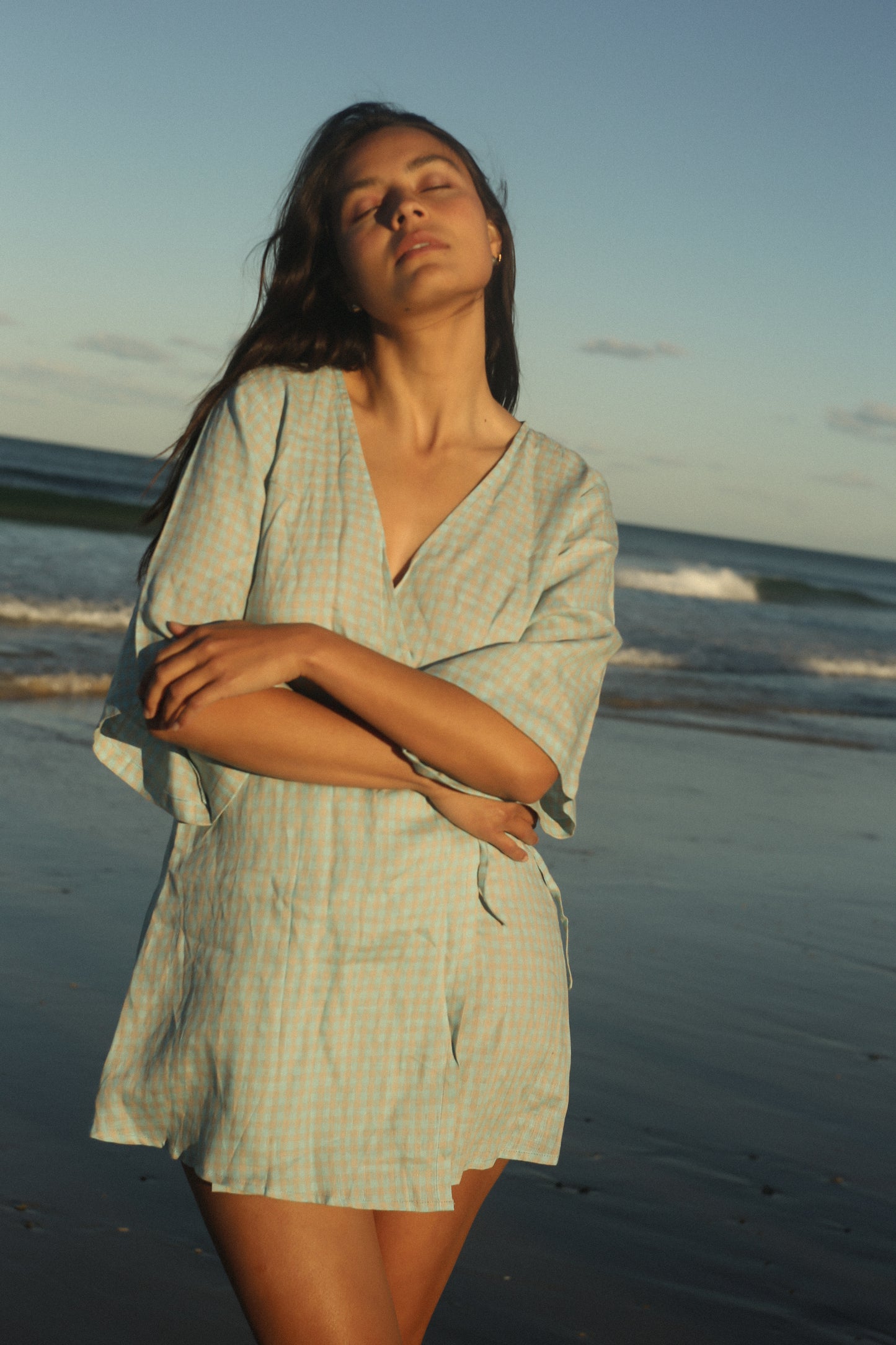 Mia Wrap Mini Dress | Blue Beige Gingham