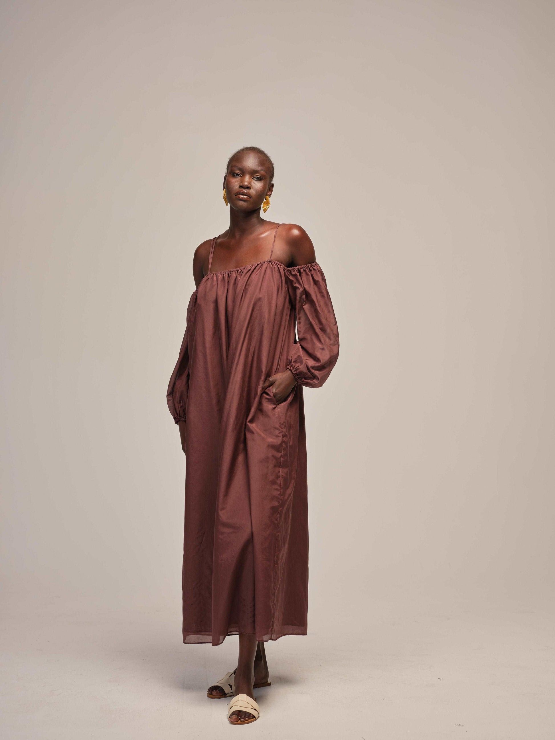 brown cold shoulder dress Women's Royau Sarong Cold Shoulder Sleeved Mesh Sequin Floor Length Dress S/M/L/Customize Brown MEAN BLVD Brown / L